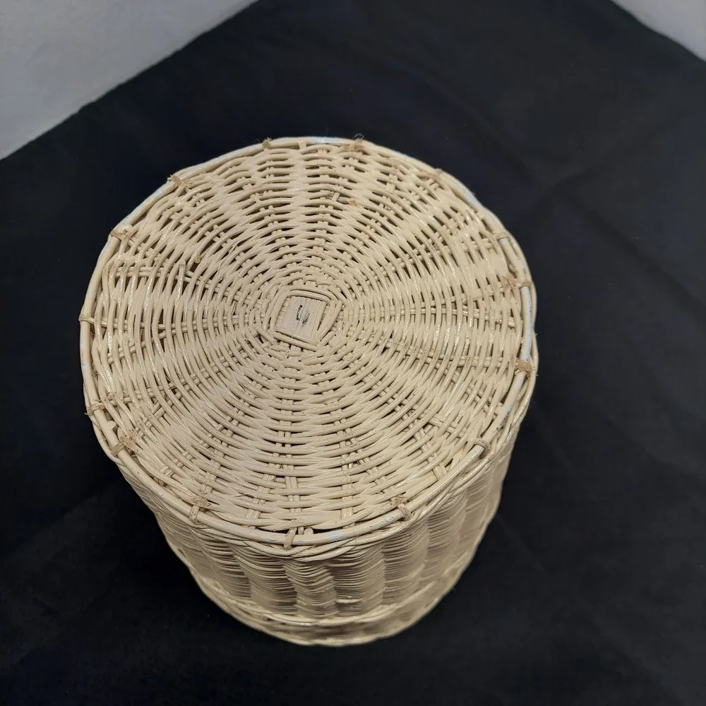 Vintage Wicker Wastebasket Cream White Scrollwork Metal Accents Storage Basket